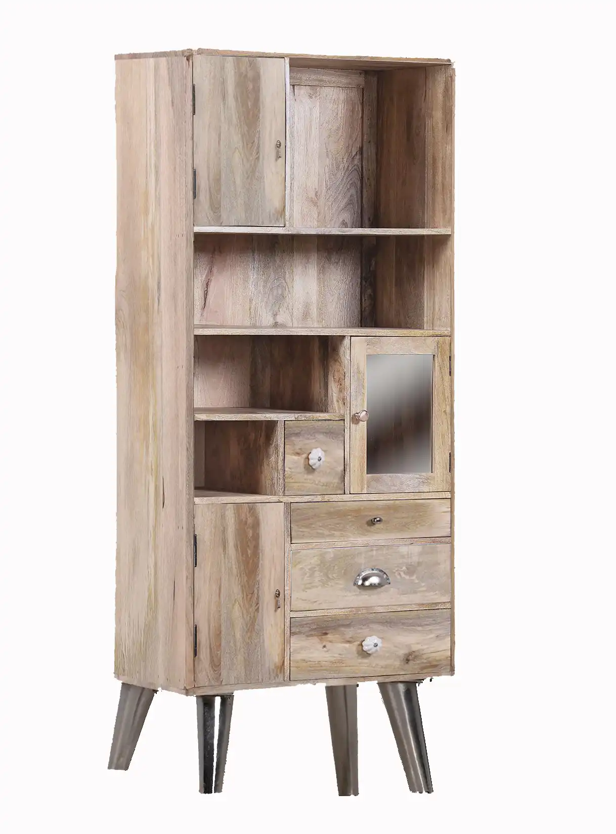 Mango Wood Almirah with 3 doors, 4 drawers & 4 open comartment (Knock Down) - popular handicrafts